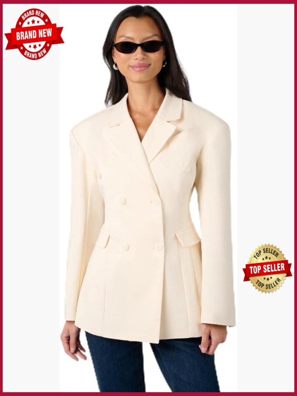 Women's Double Breasted Cinched Waist Blazer with Shoulder Pads